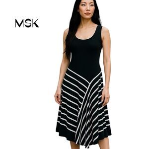 MSK Black White Striped Sleeveless Asymmetrical Midi Dress NWOT Size M